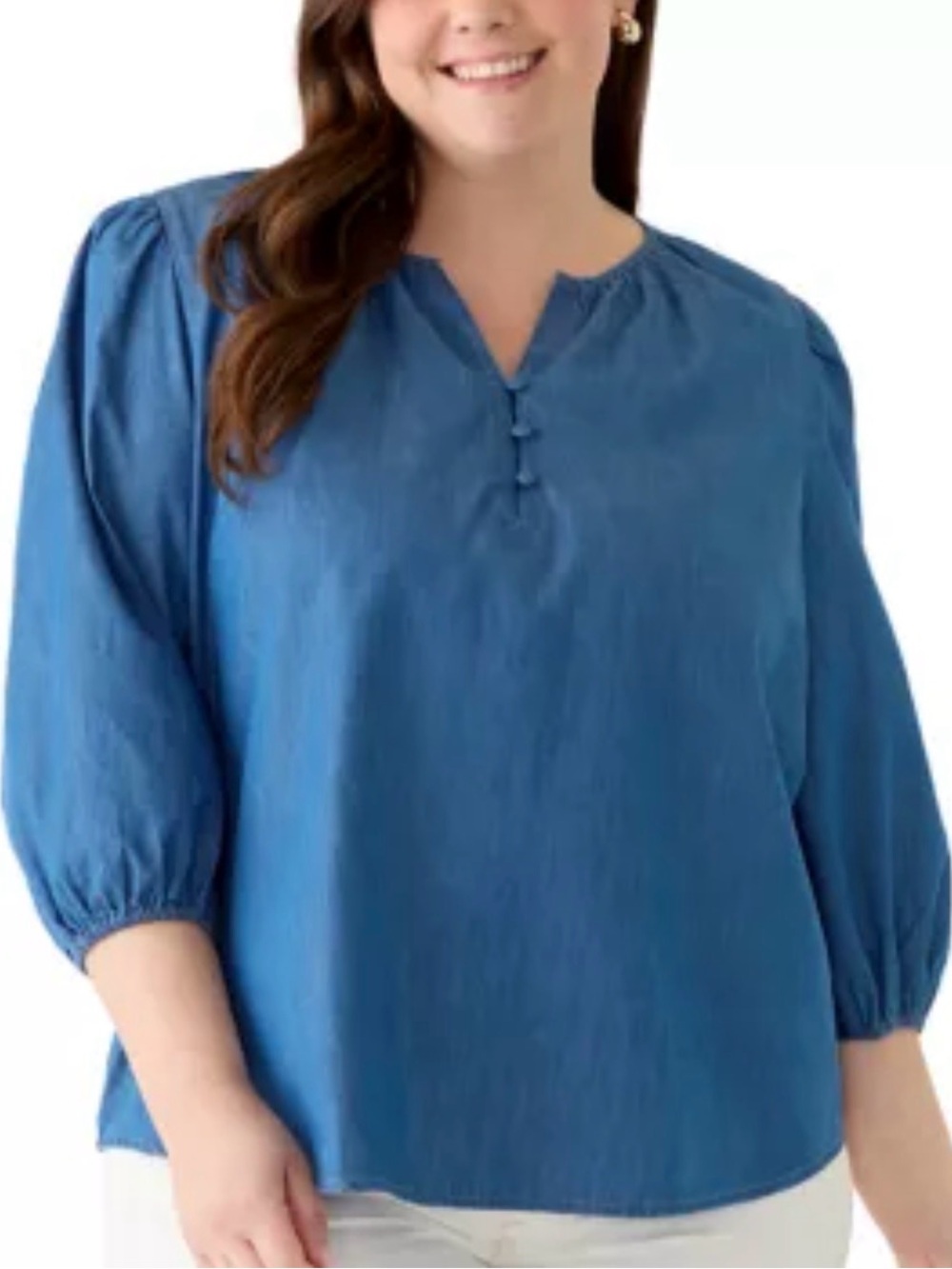 Crown & Ivy Denim peasant Blouse Women's 2X Blue NWT Elastic Cuff 3/4 sleeves